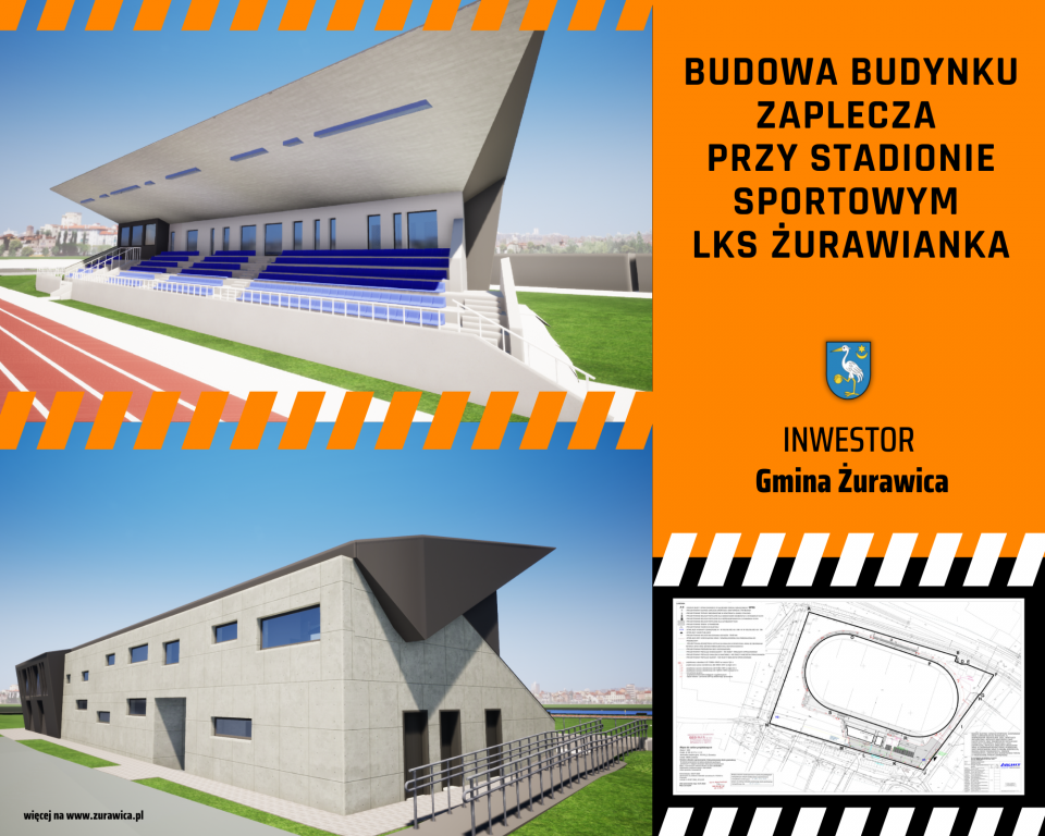 Wizualizacja dwukondygnacyjnego budynku z trybunami i zapleczem socjalnym, jaki już powstaje na stadionie Żurawianki w Żurawicy.<br/>fot.UG Żurawica