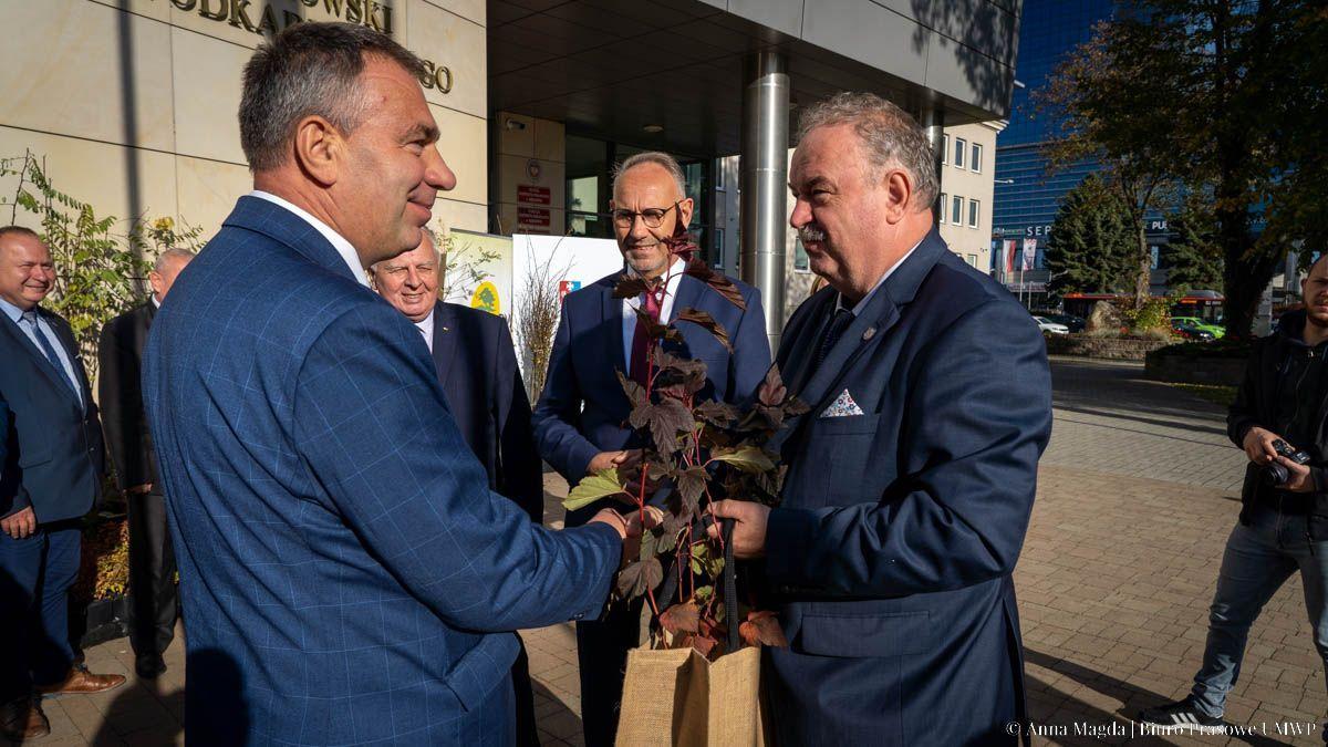 Symboliczne sadzonki odebrał z rąk wicemarszałka P. Pilcha wójt gminy Radymno Bogdan Szylar. Łącznie gmina otrzymała ich 50, w tym: 20 lip, 10 robinii akacjowych i 20 krzewów (pęcherznica, tawuła, krzewuszka, berberys). Zostaną posadzone w nowo tworzonym Centrum Rekreacyjno-Edukacyjnym w Ostrowie.<b