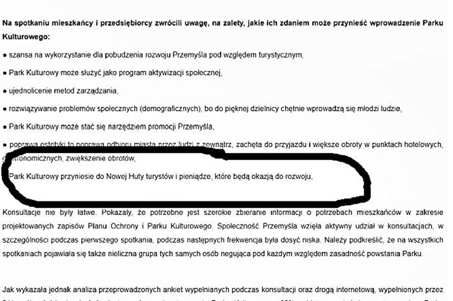Screen jaki pojawił się na profilu Przemyskie Historie, o tym, że w raporcie, podsumowującym konsultacje społeczne w Przemyślu, dotyczącym utworzenia Parku Kulturowego Starego Miasta, w jednym akapicie zamiast nazwy miasta Przemyśla widnieje nazwa Nowa Huta.<br/>fot.ze zbiorów własnych