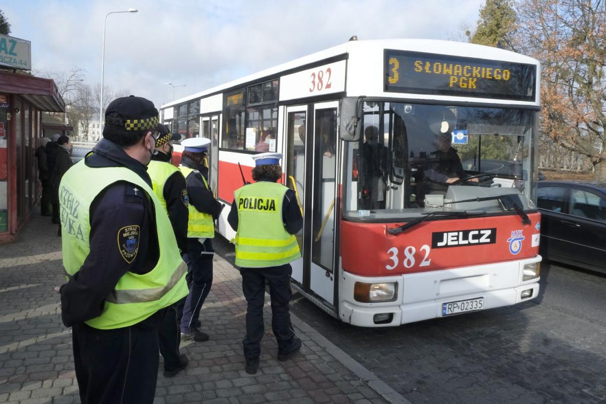 Funkcjonariusze policji i straży miejskiej podczas kontroli autobusów.<br/>fot.Jacek Szwic