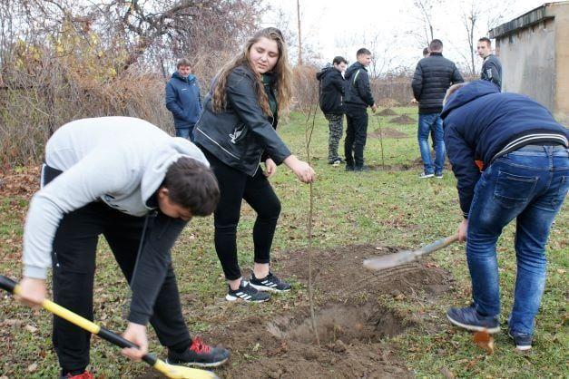 Nad zapewnieniem pszczołom pożytku trudzili się pospołu uczniowie i samorządowcy. <br/>fot.materiały organizatora