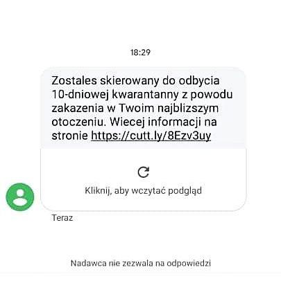 SMS taki jak na załączonym obrazku jest fałszerstwem! Nie klikaj w podany link!<br/>fot.WSSE Rzeszów
