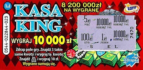 17 lutego br. ktoś kupił los w zdrapce „Kasa King” za 1 zł. Kiedy zdrapał zakryte pola na kupionym za złotówkę losie, okazało się, że wygrał 10 tys. zł! To główna wygrana w tej zdrapce.<br/>fot.ze zbiorów własnych