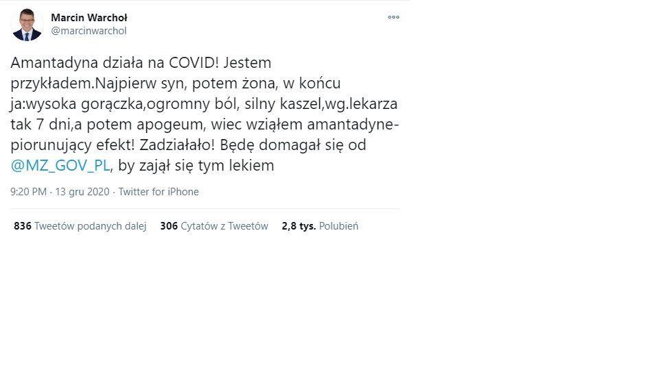 Ten wpis wiceministra Marcina Warchoła wywołał kolejną burzę wokół amantadyny.<br/>fot.www.twitter.com