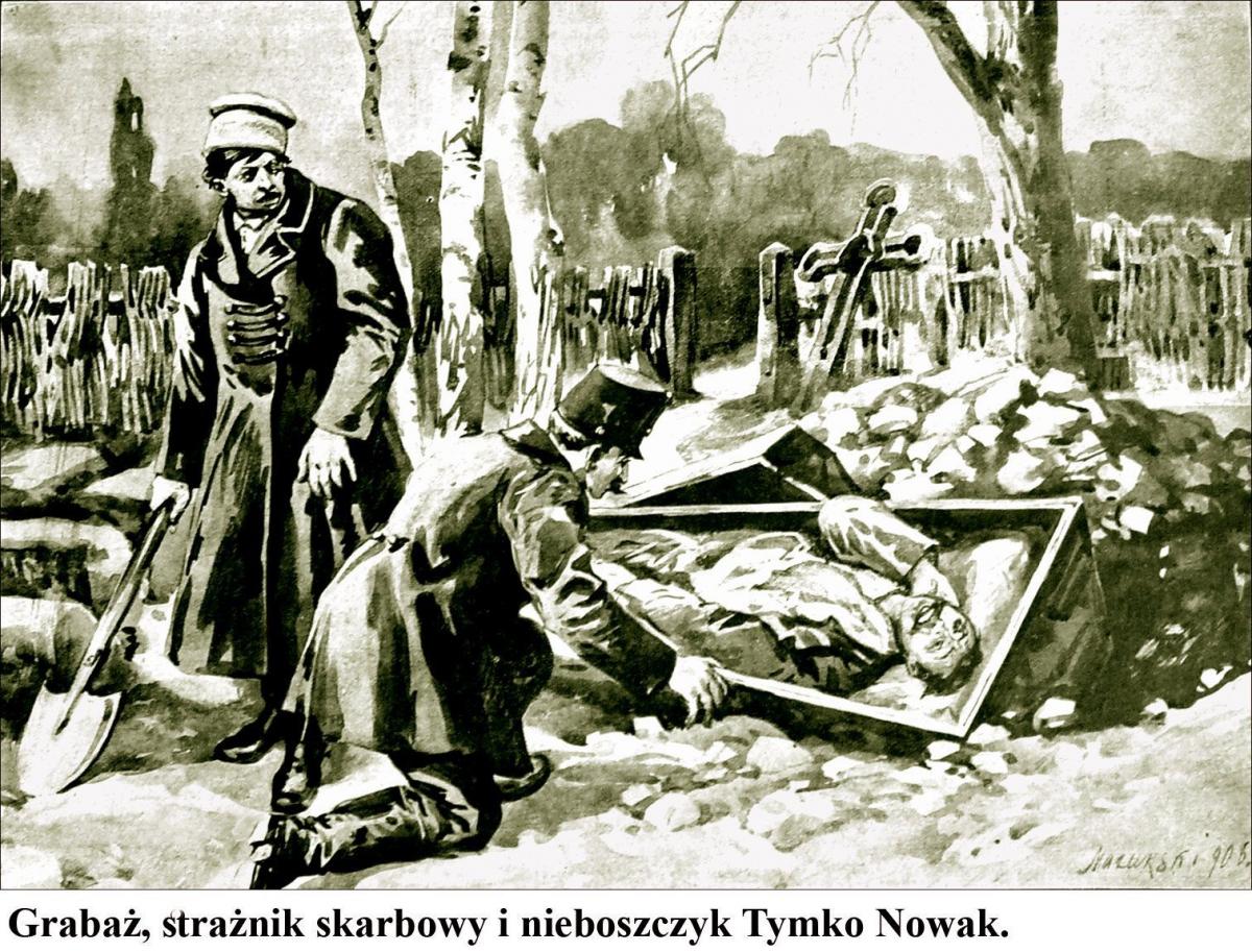 Grabarz, strażnik grobowy i nieboszczyk Tymko Nowak.