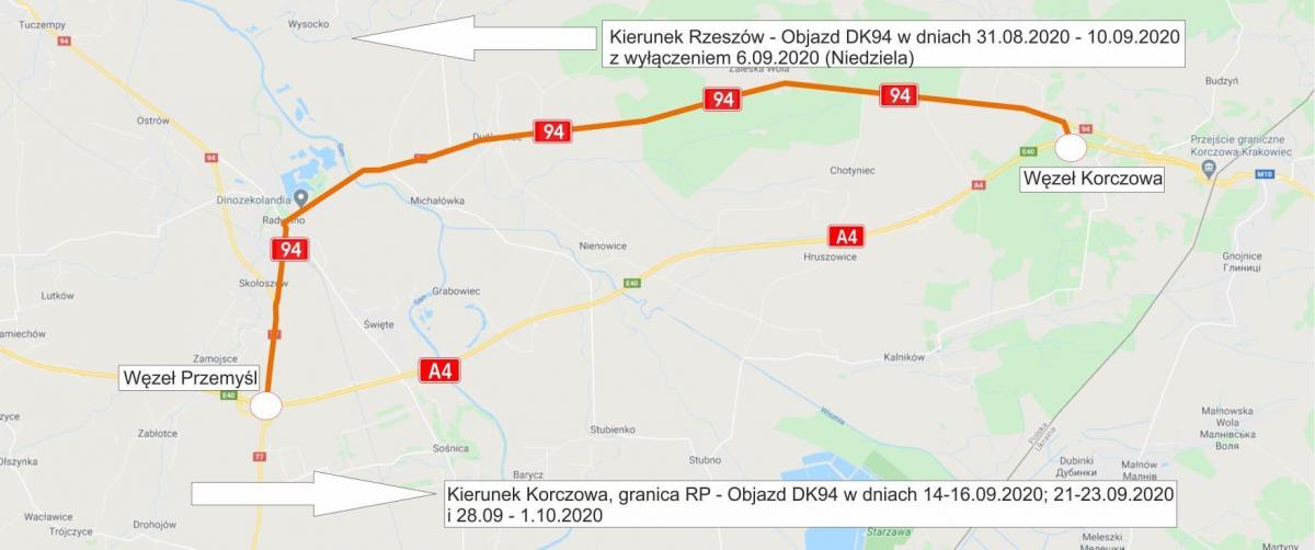 Mapka objazdu remontowanego odcinka autostrady.<br/>fot.GDDKiA oddział Rzeszów