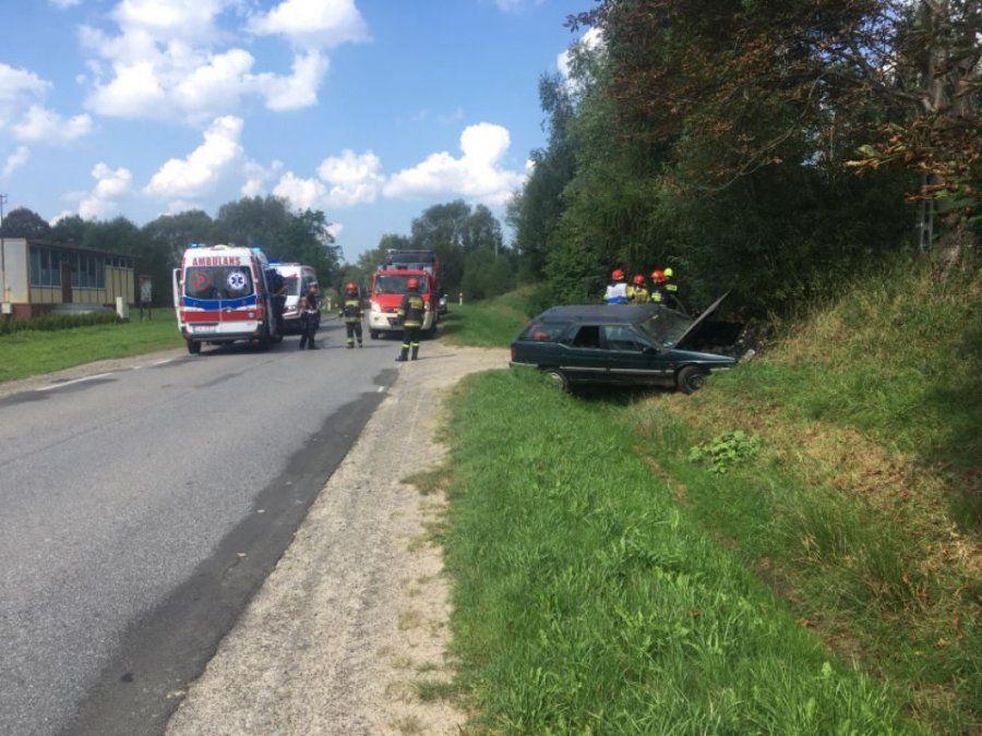 Samochód odbił się od betonowej „przeszkody” i zatrzymał w rowie.<br/>fot.KPP Ustrzyki Dolne