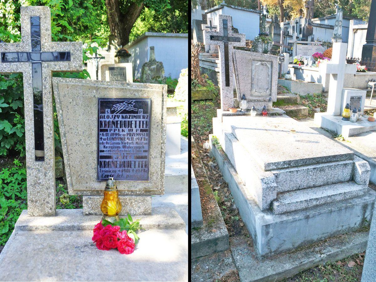 Z grobowca ktoś ukradł marmurową płytę z inskrypcjami. Obok, po lewej: wygląd grobowca przed dewastacją.
<br/>fot.archiwum rodzinne, Jacek Szwic