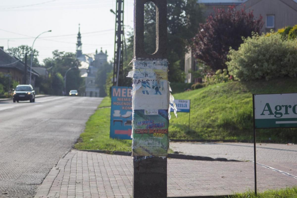 Oklejone drzewa i słupy to codzienny widok w Radymnie.<br/>fot.Bartłomiej Pacek