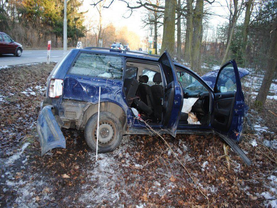 Osobowy volkswagen po staranowaniu słupków metalowych połączonych łańcuchami, zjechał na pobocze, zatrzymując się na drzewie.<br/>fot.KPP Nisko