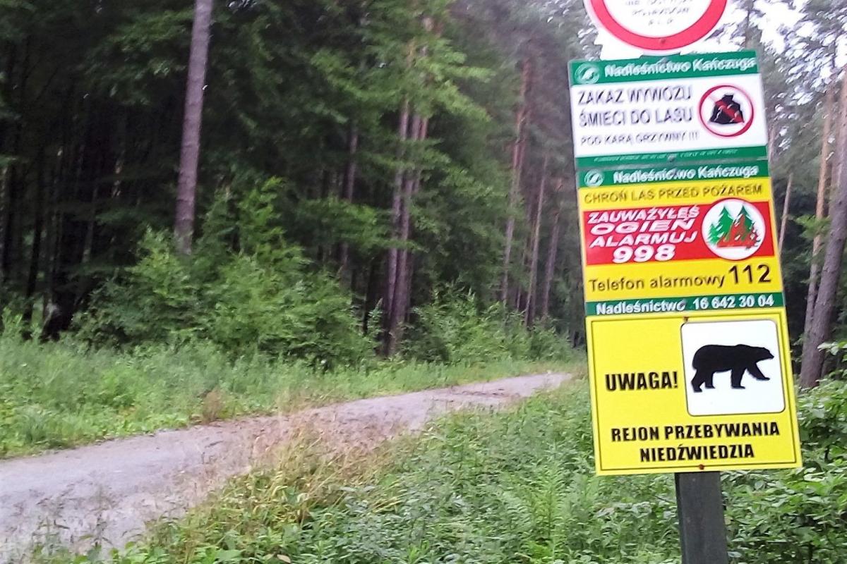 Znak informujący o miejscu przebywania niedźwiedzia stoi niedaleko zabudowań   Helusza.<br/>fot.Roman Kijanka