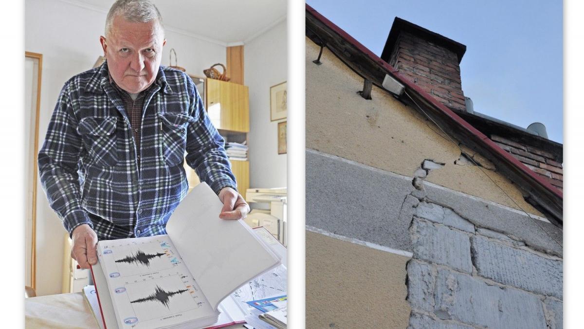 Jan Zuchowski pokazuje wyniki badań natężenia drgań w swoim domu. Obok pęknięcia na budynkach w pobliżu drogi wojewódzkiej.<br/>fot.Paweł Bugira