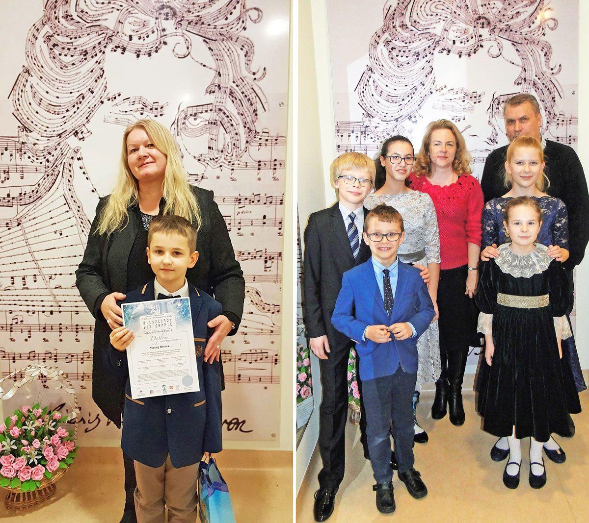 Zdobywca Srebrnego Wirtuoza Maciej Bryzek i jego pedagog Gracja Kaczor (z lewej). Zwycięska drużyna: Wojciech Gazda, Mateusz Mazurek, Alicja Pańczak, Zofia Maćkowiak i Maria Kwiecińska z pedagogami Agnieszką Kwiecińską i Pawłem Walciszewskim (z prawej).