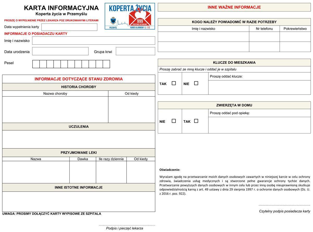 Tak powinna wyglądać przykładowa karta informacyjna, którą należy umieścić w kopercie.