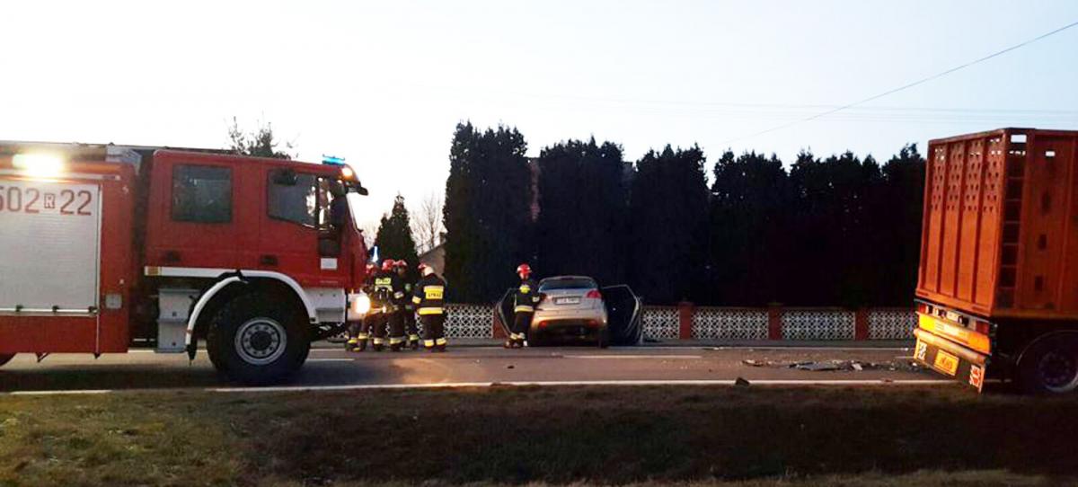 Wypadek w Padwi Narodowej, gdzie samochód marki kia zderzył się z samochodem ciężarowym.<br/>fot.KPP Mielec