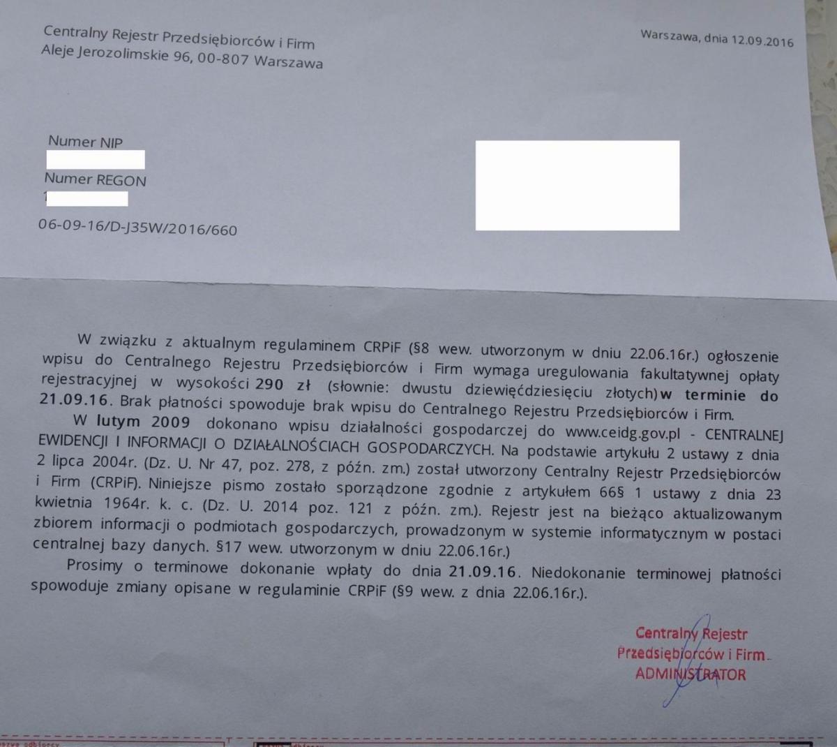 Jednostronicowy list przypomina urzędnicze pismo. Jest jednak próbą wyłudzenia pieniędzy.<br/>fot.Paweł Bugira