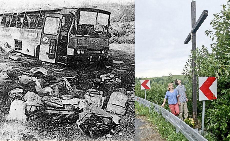 1. Zdjęcie miejsca wypadku opublikowane w Życiu Przemyskim w sierpniu 1991 roku. 2. Aktualny widok na „zakręt śmierci”.<br/>fot.Jacek Szwic