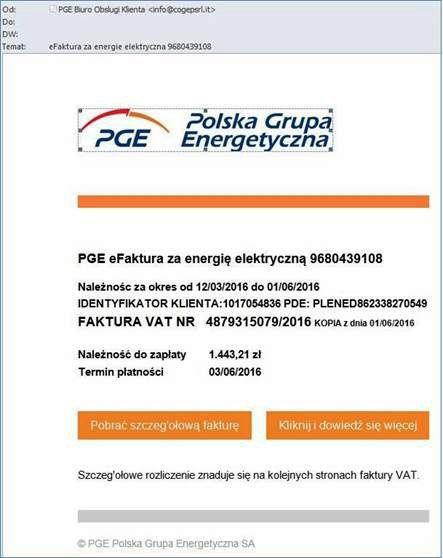 Oto przykład fałszywej wiadomości e-mail oraz widok fałszywej strony, pojawiającej się po kliknięciu na link „Pobrać szczegółową fakturę”. <br/>fot.www.gkpge.pl