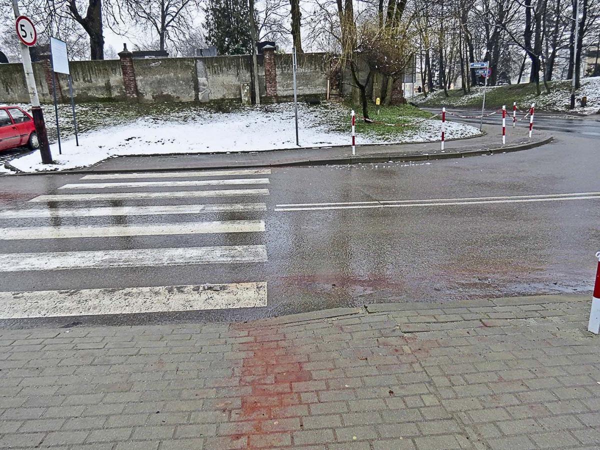 Plamy krwi znajdują na rogu ul. Kołłątaja i Tysiąclecia. Zajmują też część przejścia dla pieszych przy ul. Kołłątaja i fragment po drugiej stronie drogi. <br/>fot.Barbara Chmura