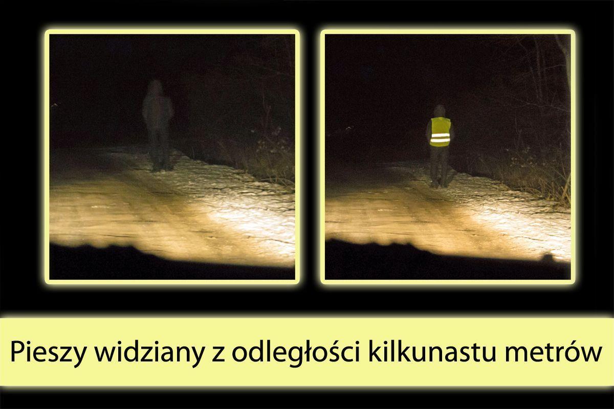 1 zdjęcie: Pieszy niewyposażony w elementy odblaskowe, znajduje się w odległości kilkunastu metrów od maski samochodu. Oto co widzi kierowca. 2 zdjęcia: Ta sama sytuacja, to samo miejsce, ale tym razem pieszy ma na sobie odblaskową kamizelkę. 

 <br/>fot.Kamil Jacek Zarański