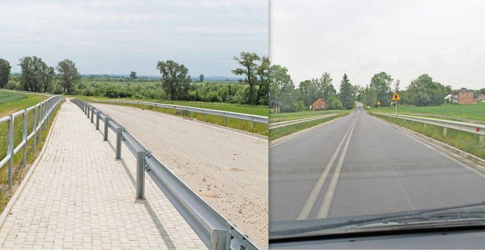 Wyposażony w chodnik i barierki wiadukt w szczerym polu (Grabowiec – Sośnica Brzeg) i pozbawiony chodnika wiadukt w Nienowicach.