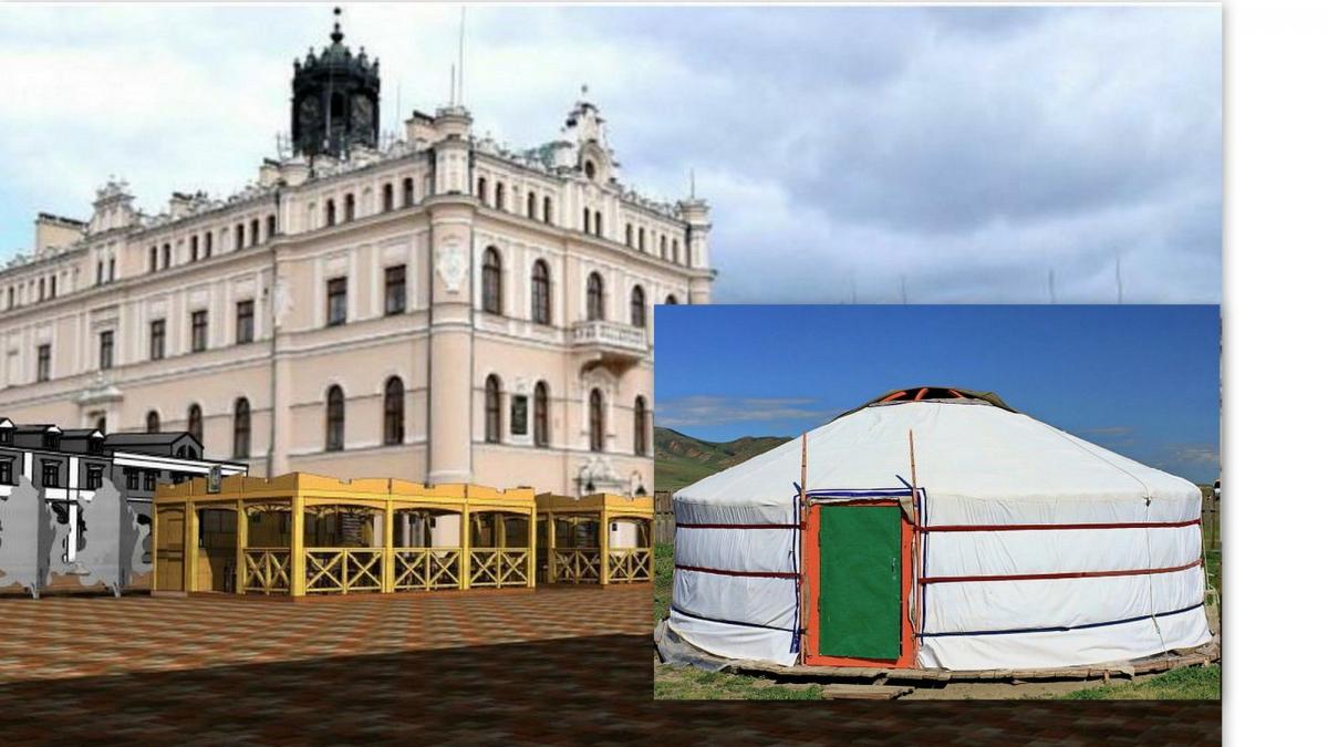 W tle wizualizacja z 2022, ukazująca jak miała wyglądać płyta Rynku po zamontowaniu wówczas zamówionego wyposażenia. Gdzie miałaby stanąć jurta?<br/>fot.Photo jutry: Marcin Konsek / Wikimedia Commons / CC BY-SA 4.0