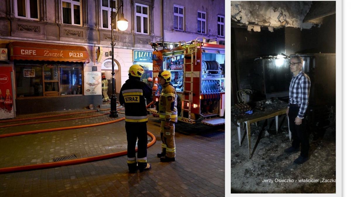 Pożar wybuchł z wtorku na środę, 15 lutego br. Przed g. 2. Najprawdopodobniej jeden z mieszkańców tej lub pobliskiej kamienicy zauważył, że z „Żaczka” wydobywa się dym. Szybki telefon do Centrum Powiadamiania Ratunkowego i na miejscu błyskawicznie pojawiła się straż pożarna.
Na drugim zdjęciu – właś