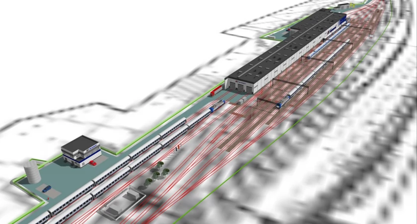 Wizualizacja nowoczesnej całorocznej myjni automatycznej dla pociągów, która powstanie na Bakończycach. Fot. PKP Intercity
