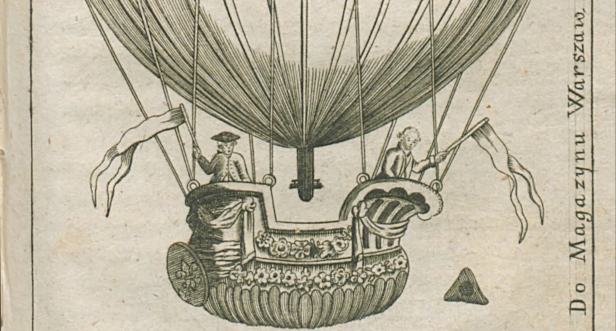 Balon systemu braci Montgolfier – ilustracja z Magazynu Warszawskiego z 1784 r. (domena publiczna)