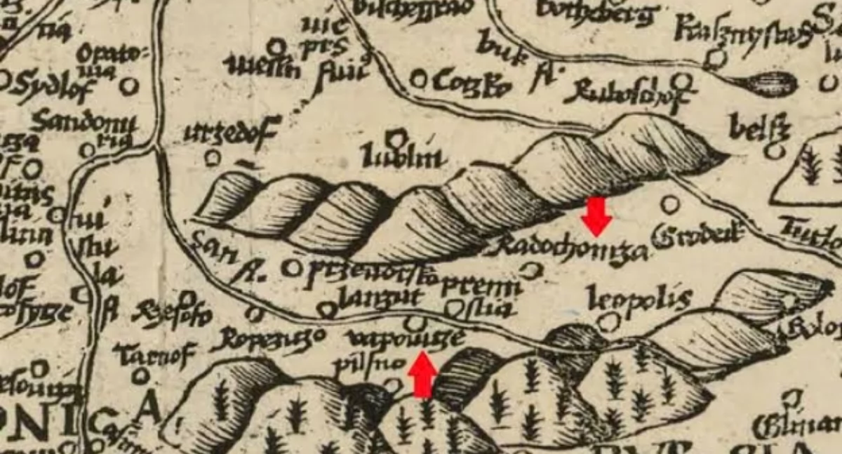 Fragment mapy B. Wapowskiego z zaznaczonymi Wapowcami, Radochońcami, Przemyślem i Lwowem.