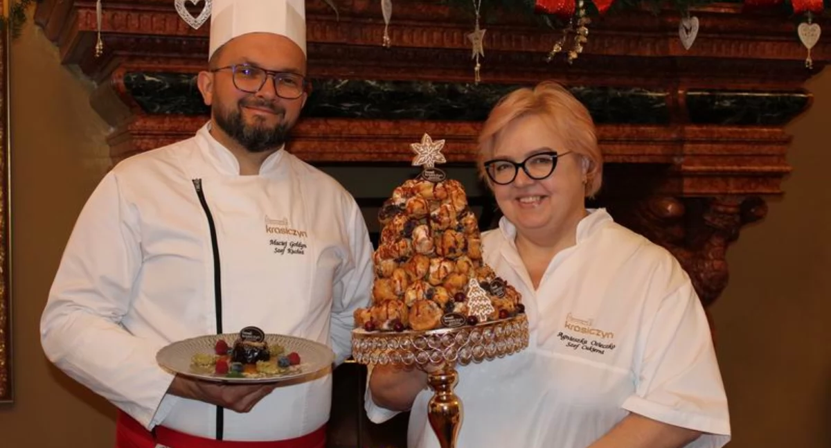 Na stołach nie zabraknie francuskich deserów. Prezentują je szef kuchni Restauracji Zamkowej Maciej Gołdyn oraz zamkowy cukiernik Agnieszka Osieczko./ FOT. U. Gielo