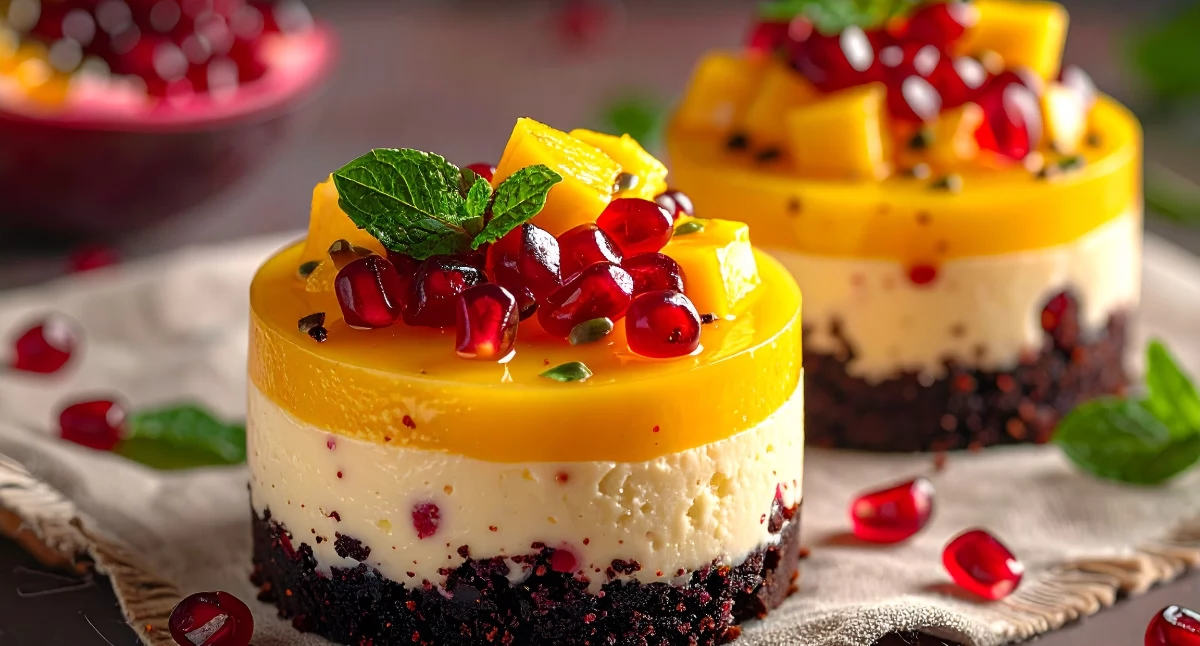 Przepisy kulinarne, serniczki mango marakują granatem spodzie - zdjęcie, fotografia