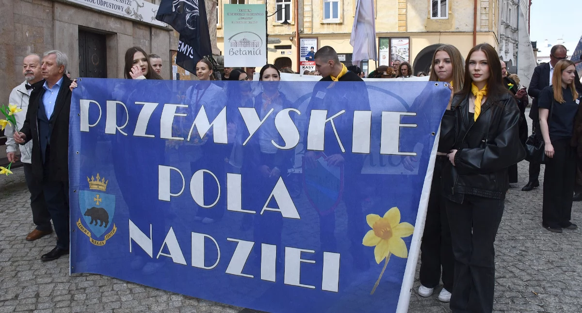 W Przemyślu uczestnicy tzw. Marszu Żonkilowego przemaszerowali pod magistrat, gdzie miało miejsce symboliczne sadzenie żonkili./ FOT. UM Przemyśl