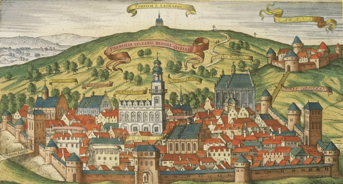 Miedzioryt kolorowany A. Hogenberga z 1617 r., z dzieła G. Brauna. Widok Przemyśla, pośrodku ratusz, a poniżej kościół oo.  Dominikanów. 