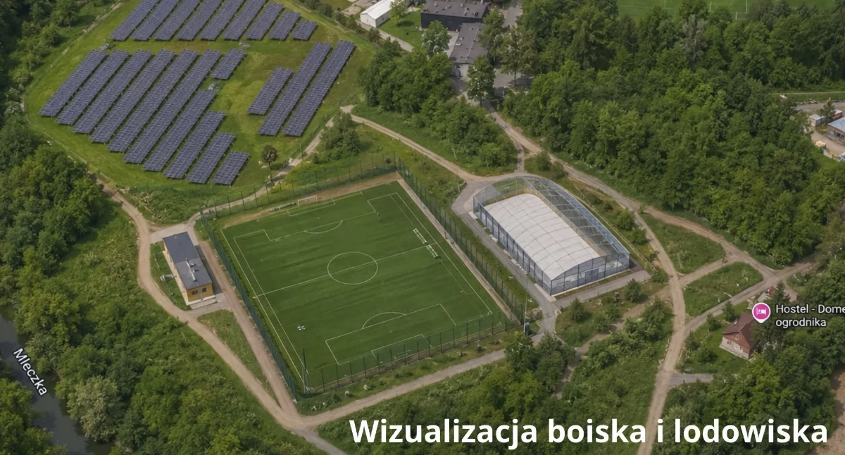 W wyjątkowej scenerii Zespołu Pałacowo-Parkowego w Przeworsku ma powstać sportowy kompleks złożony z pełnowymiarowego boiska ze sztuczną nawierzchnią oraz krytego lodowiska sezonowego. Wszystko ma zostać połączone z modernizowanymi obiektami Orła przy ulicy Budowlanych. Na zdjęciu wizualizacja inwestycji. Fot. Starostwo Powiatowe w Przeworsku