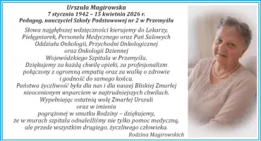 Podziękowania dla zespołu Wojewódzkiego Szpitala w Przemyślu od rodziny śp. Urszuli Magirowskiej 