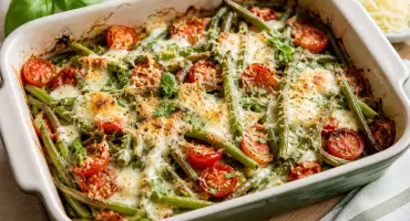 Fasolka szparagowa zapiekana z mozzarellą, pomidorkami i parmezanem